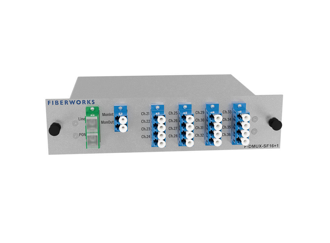 F-DMUX-SF16+1-LB-MLS Fiberworks AS  Fiberworks 16+1 ch. DWDM Mux/Demux, Low C21-C36, 100GHz, PON &amp; Mon, single fiber