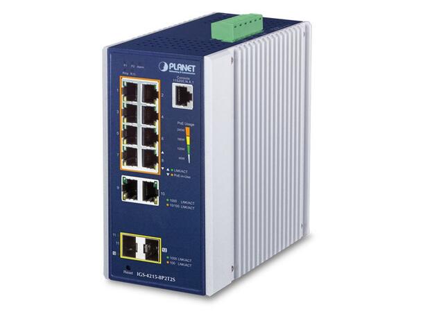 PLANET 8x 1G RJ45 PoE+, 2x SFP, 2x RJ45 Managed Industrial Switch, DIN, 48V 