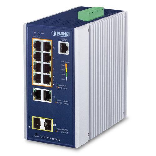 PLN-IGS-4215-8P2T2S PLANET IGS-4215-8P2T2S PLANET 8x 1G RJ45 PoE+, 2x SFP, 2x RJ45 Managed Industrial Switch, DIN, 48V