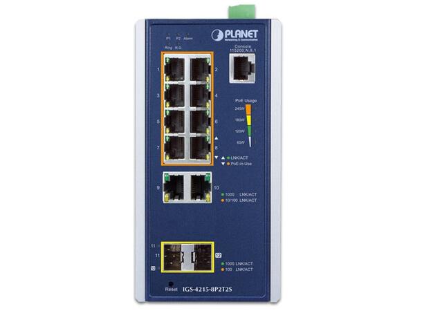 PLANET 8x 1G RJ45 PoE+, 2x SFP, 2x RJ45 Managed Industrial Switch, DIN, 48V 