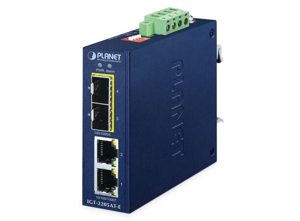 IGT-2205AT-E Industrial GigE Media Conv. 2xRJ45 og 2xSFP, 2x 12-58V DC 