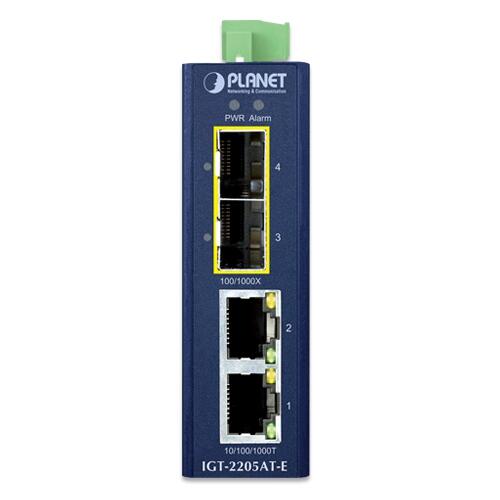 MC-PLANET-IGT2205ATE PLANET IGT-2205AT-E IGT-2205AT-E Industrial GigE Media Conv. 2xRJ45 og 2xSFP, 2x 12-58V DC