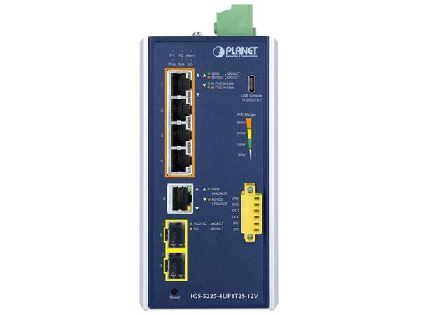 PLANET 4x 1G RJ45 PoE+, 2x 1G/2.5G SFP Managed L3 Industrial Switch, DIN, 12V 