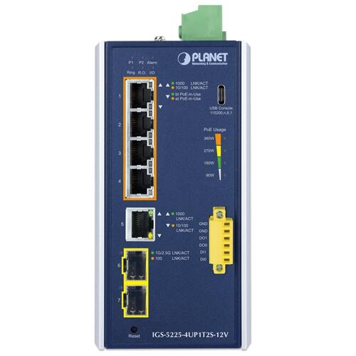 PLN-IGS-5225-4UP1T2S PLANET IGS-5225-4UP1T2S-12V PLANET 4x 1G RJ45 PoE+, 2x 1G/2.5G SFP Managed L3 Industrial Switch, DIN, 12V