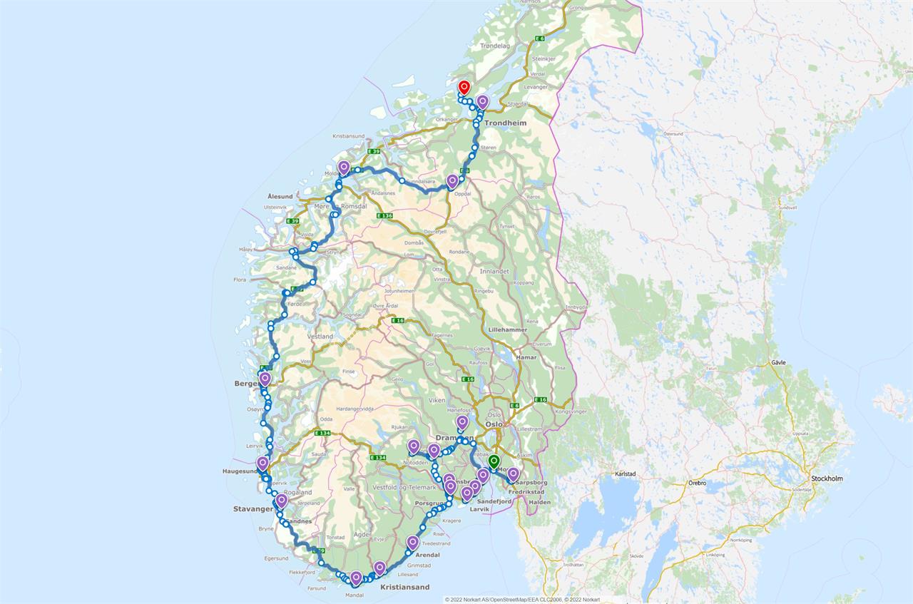 norgeskart med ruten til Helge